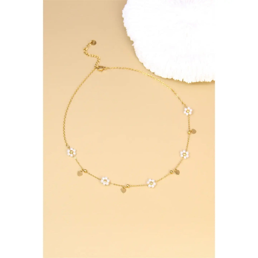 Collana Fiori Perle Cuori Dorati In Acciaio Inossidabile.