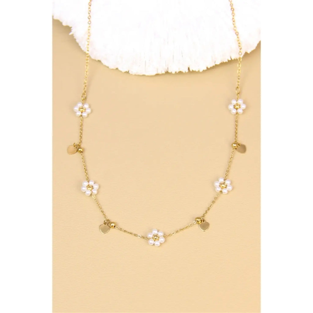 Collana Fiori Perle Cuori Dorati In Acciaio Inossidabile.